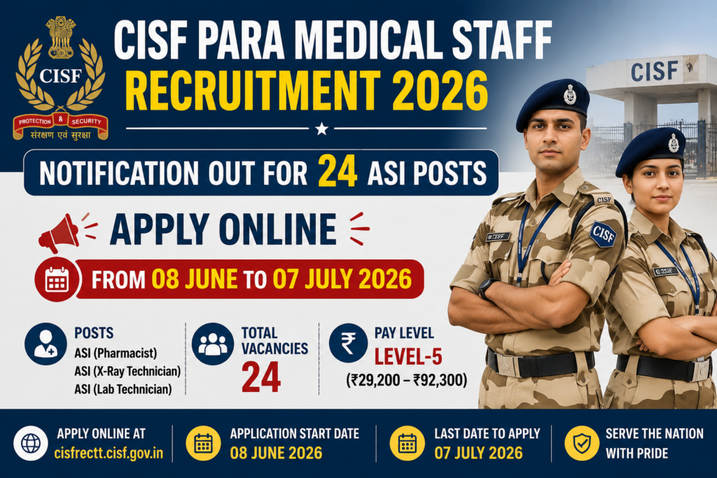 CISF Para Medical Staff Recruitment 2026 Notification Out for 24 ASI Posts – Apply Online from 08 June to 07 July 2026