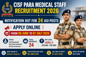 CISF Para Medical Staff Recruitment 2026 Notification Out for 24 ASI Posts – Apply Online from 08 June to 07 July 2026
