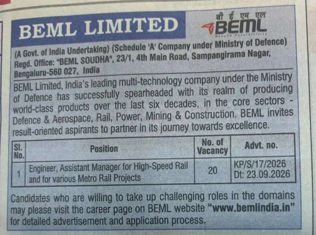 BEML 2026 Engineer Recruitment Official Notification